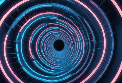 The primary subject of the image is a tunnel-like structure with a spiral pattern. The tunnel is illuminated with a combination of blue, pink, and purple lights, creating a vibrant and visually striking scene. The setting is a futuristic environment, possibly a space station or a high-tech facility. The visual style of the image is a digital art or illustration, with the tunnel's spiral pattern and the colorful lights contributing to the overall atmosphere.