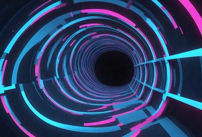 The primary subject of the image is a large, colorful tunnel with a black hole in the center. The tunnel is illuminated by a bright blue light, creating a vibrant and dynamic scene. The setting is a futuristic environment, possibly a space station or an underground tunnel. The visual style of the image is a combination of digital art and illustration, with the tunnel and the black hole being the main focus of the composition. The colors and mood of the image are predominantly blue and black, giving it
