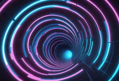 The primary subject of the image is a tunnel-like structure with a brightly colored, swirling pattern. The tunnel appears to be a part of a futuristic setting, possibly a space station or a high-tech facility. The visual style of the image is a combination of digital art and illustration, creating a vibrant and dynamic atmosphere. The dominant colors in the image are pink, blue, and purple, which contribute to the futuristic and otherworldly mood of the scene.