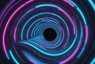 The primary subject of the image is a black hole, which is the main object, scene, or focus of the image. The setting/background features a tunnel-like structure with a rainbow-colored lighting effect, creating a vibrant and visually striking environment. The visual style of the image is a combination of photo and digital art, as it appears to be a photo with a digital art-like effect applied to it. The colors and mood of the image are predominantly pink, purple, and blue