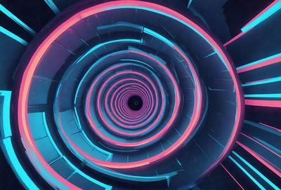 The primary subject of the image is a spiral staircase with a blue and pink lighting effect. The setting is a futuristic environment, possibly a space station or a futuristic building. The visual style is a digital art or illustration, with the staircase being depicted in a vibrant and colorful manner. The colors and mood of the image are predominantly blue and pink, creating a sense of excitement and wonder.