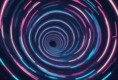 The primary subject of the image is a spiral or tunnel-like structure, which appears to be a digital art or illustration. The setting is a dark, colorful environment, with a purple and blue color scheme. The visual style suggests a futuristic or surreal atmosphere. The spiral is illuminated by a bright light, creating a sense of depth and intrigue.