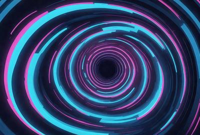 The primary subject of the image is a spiral or tunnel-like structure, which appears to be a digital art or illustration. The setting is a dark, colorful environment, with a black hole at the center of the spiral. The visual style is a combination of bright colors and a futuristic, surreal design. The dominant colors are blue, pink, and purple, creating a vibrant and dynamic atmosphere.