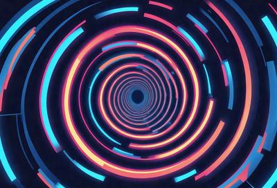 The primary subject of the image is a colorful spiral, which appears to be a digital art or illustration. The spiral is set against a dark background, creating a striking contrast. The visual style of the image suggests that it is a digital creation, possibly a pattern or texture. The dominant colors in the image are blue, pink, and yellow, creating a vibrant and lively atmosphere.