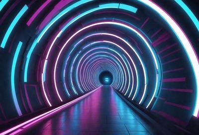 The primary subject of the image is a tunnel with a purple and blue lighted interior. The tunnel appears to be a futuristic, neon-lit passage, creating a unique and visually striking scene. The setting is a dark, enclosed space, and the visual style is a combination of photo and digital art, giving the image a surreal and artistic quality. The dominant colors in the image are purple and blue, which contribute to the overall atmosphere of the tunnel.