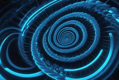 The primary subject of the image is a spiral pattern, which is a blue and white design. The setting is a dark background, which contrasts with the spiral pattern. The visual style is a digital art or illustration, as the spiral pattern appears to be a part of a larger design. The colors and mood of the image are predominantly blue and white, creating a sense of depth and complexity.