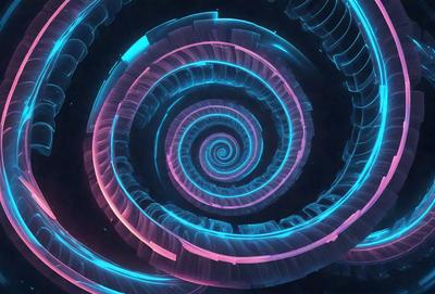 The primary subject of the image is a spiral pattern, which is a part of a larger, colorful design. The spiral pattern is displayed in a blue and pink color scheme, creating a visually appealing and vibrant atmosphere. The setting or background of the image features a dark, starry sky, which contrasts with the bright colors of the spiral pattern. The visual style of the image is a combination of digital art and illustration, showcasing the intricate details of the spiral pattern.