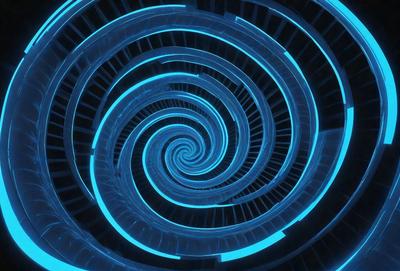 The primary subject of the image is a spiral staircase with a blue lighting effect. The setting is a dark room, and the visual style appears to be a digital art or illustration. The dominant colors are blue and purple, creating a calm and serene atmosphere.