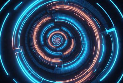 The primary subject of the image is a spiral pattern with blue and orange colors. The setting is a dark background, and the visual style appears to be a digital art or illustration. The dominant colors are blue and orange, creating a vibrant and dynamic atmosphere.