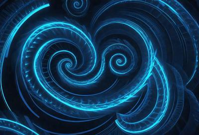The primary subject of the image is a spiral pattern, which is a blue and white swirl. The setting is a dark background, which contrasts with the spiral pattern. The visual style is a digital art or illustration, as the spiral pattern appears to be a part of a larger design. The colors and mood of the image are predominantly blue and white, creating a sense of movement and fluidity.