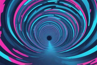 The primary subject of the image is a tunnel-like structure with a blue and pink color scheme. The tunnel appears to be a part of a larger, swirling pattern. The setting is a dark, enclosed space, and the visual style is a combination of digital art and illustration. The dominant colors are blue and pink, creating a vibrant and energetic atmosphere.