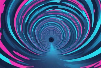 The primary subject of the image is a tunnel-like structure with a blue and pink color scheme. The tunnel appears to be a part of a larger, swirling pattern. The setting is a dark, enclosed space, and the visual style is a combination of digital art and illustration. The dominant colors are blue and pink, creating a vibrant and energetic atmosphere.