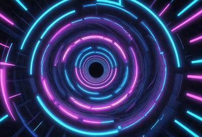 The primary subject of the image is a large, colorful tunnel with a purple and pink lighting effect. The tunnel appears to be a futuristic, neon-lit space, possibly resembling a wormhole or a tunnel through a space station. The setting is a dark background, which contrasts with the bright colors of the tunnel. The visual style of the image is a combination of digital art and illustration, creating a unique and captivating scene. The dominant colors of the image are purple and p