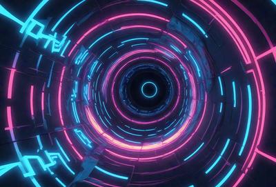 The primary subject of the image is a large, colorful tunnel with a brightly lit, circular center. The tunnel is filled with a variety of colors, creating a vibrant and lively atmosphere. The setting is a futuristic environment, possibly a space station or a high-tech facility. The visual style of the image is a combination of digital art and illustration, with the tunnel's interior being depicted in a detailed and intricate manner. The colors and mood of the image are energetic and dynamic,