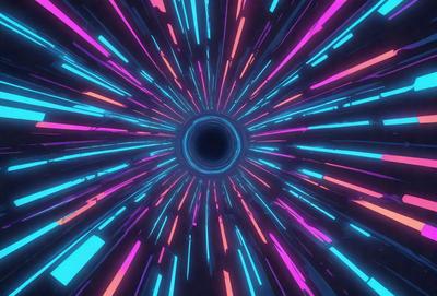 The primary subject of the image is a brightly colored, swirling tunnel with a black hole in the center. The tunnel is filled with vibrant colors, creating a visually striking scene. The setting is a space-like environment, with the tunnel extending into the distance. The visual style of the image is a combination of digital art and illustration, giving it a unique and captivating appearance. The dominant colors in the image are pink, blue, and purple, creating a lively and energetic atmosphere.