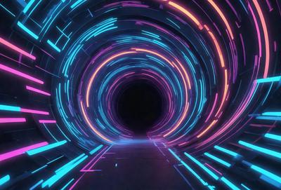 The primary subject of the image is a tunnel with a brightly colored, neon light display. The tunnel appears to be a futuristic, high-tech environment. The setting is a dark, enclosed space with a brightly lit tunnel that creates a visually striking scene. The visual style of the image is a combination of digital art and illustration, with the neon lights creating a vibrant and dynamic atmosphere. The colors and mood of the image are predominantly bright and futuristic, with the neon