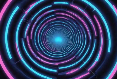 The primary subject of the image is a large, colorful, and swirling tunnel. The tunnel is illuminated by a bright blue light, creating a vibrant and dynamic atmosphere. The setting is a futuristic environment, possibly a space station or a high-tech facility. The visual style of the image is a combination of digital art and illustration, with the tunnel's swirling pattern and the blue light creating a striking and captivating scene. The colors and mood of the image are predominantly