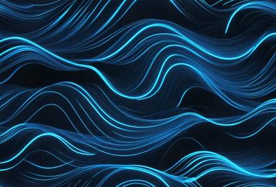 The primary subject of the image is a blue and white wave pattern. The setting is a dark background, which contrasts with the bright blue and white colors of the wave pattern. The visual style is a digital art or illustration, as the wave pattern appears to be a digital creation. The dominant colors are blue and white, creating a calm and soothing atmosphere.