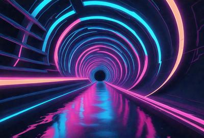 The primary subject of the image is a tunnel with a rainbow-colored light show inside. The tunnel appears to be a futuristic, neon-lit passage that is visually striking. The setting is a dark, enclosed space, and the visual style is a digital art or illustration. The colors and mood of the image are vibrant and energetic, creating a sense of excitement and wonder.
