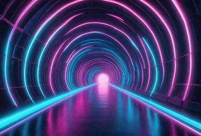 The primary subject of the image is a tunnel with a brightly colored, rainbow-like lighting effect. The tunnel appears to be a futuristic, neon-lit passage, and the colors create a vibrant and lively atmosphere. The setting is a dark, enclosed space, and the visual style is a combination of digital art and illustration. The dominant colors are pink, blue, and purple, creating a unique and captivating scene.