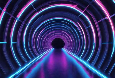 The primary subject of the image is a tunnel with a purple light illuminating it. The setting is a dark tunnel, and the visual style appears to be a digital art or illustration. The dominant colors are purple and blue, creating a moody and futuristic atmosphere.