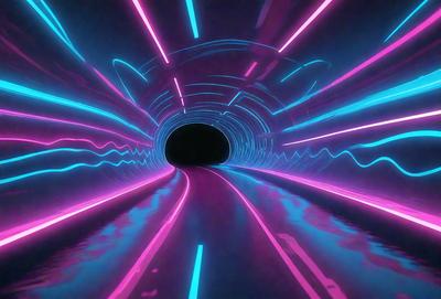 The primary subject of the image is a tunnel with a brightly colored, rainbow-like lighting effect. The tunnel appears to be a part of a futuristic cityscape, with the lighting creating a vibrant and dynamic atmosphere. The setting is a dark, enclosed space, and the visual style is a combination of digital art and illustration. The colors and mood of the image are predominantly pink, blue, and purple, creating a sense of excitement and wonder.