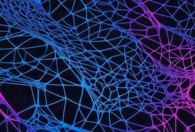 The primary subject of the image is a close-up of a blue and purple mesh pattern. The setting is a dark background, which contrasts with the vibrant colors of the mesh. The visual style appears to be a digital art or illustration, as the colors and patterns are intricate and detailed. The overall atmosphere of the image is one of creativity and artistic expression.