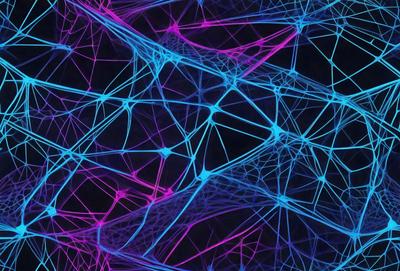 The primary subject of the image is a purple and blue neon-like pattern, which appears to be a digital art or illustration. The setting is a dark background, which contrasts with the vibrant colors of the pattern. The visual style suggests a modern and creative approach to art, with the use of neon colors and a unique design. The overall atmosphere of the image is energetic and visually appealing.