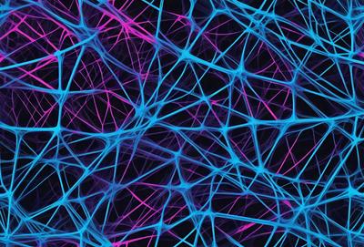 The primary subject of the image is a close-up of a purple and blue neurotic network, which appears to be a digital art or illustration. The setting is a black background, and the visual style gives the impression of a futuristic or technological theme. The dominant colors in the image are purple and blue, creating a sense of depth and complexity in the artwork.