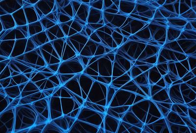 The primary subject of the image is a blue, three-dimensional structure that resembles a network of interconnected tubes or a honeycomb pattern. The setting is a dark background, which contrasts with the bright blue color of the structure. The visual style appears to be a digital art or illustration, as the image is composed of many small blue squares or tubes that are interconnected. The colors and mood of the image are predominantly blue, creating a sense of depth and complexity in the structure.