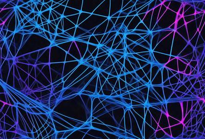 The primary subject of the image is a blue and purple neon-like pattern or design. The setting is a black background, which contrasts with the vibrant colors of the pattern. The visual style appears to be a digital art or illustration, as the colors and design are not typical of a photo or traditional drawing. The overall atmosphere is one of creativity and artistic expression.
