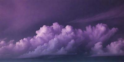 The primary subject of the image is a large, purple cloud with white clouds in the sky. The setting is a dark, cloudy sky, which adds to the overall mood of the scene. The visual style of the image is a combination of photo and digital art, creating a unique and artistic representation of the cloudy sky. The dominant colors in the image are purple and white, with the purple cloud being the most prominent feature.