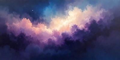 The primary subject of the image is a cloudy sky with a purple hue. The setting is a nighttime scene with a dark background. The visual style is a painting or drawing, showcasing the artist's interpretation of the cloudy sky. The colors and mood convey a sense of tranquility and beauty, as the purple hue adds a touch of serenity to the scene.