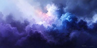 The primary subject of the image is a cloudy blue sky with a purple hue. The setting is a night sky, and the visual style is a painting or drawing. The colors and mood of the image are predominantly purple and blue, creating a serene and calming atmosphere.