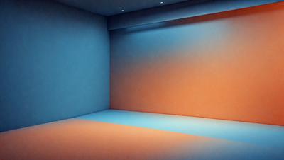 The primary subject of the image is a large, empty room with a blue and orange color scheme. The room appears to be a large, open space with a blue wall and an orange floor. The setting is a room with a blue wall and an orange floor, and the visual style is a photo. The colors and mood of the room are vibrant and energetic, creating a lively atmosphere.