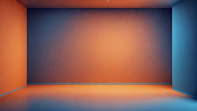 The primary subject of the image is a large orange wall. The setting is a room with a blue background, and the visual style appears to be a photo. The dominant colors are orange and blue, creating a warm and vibrant atmosphere.