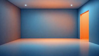 The primary subject of the image is a blue wall with an orange stripe. The setting is a room with a blue wall and an orange stripe. The visual style is a photo, and the colors and mood are predominantly blue and orange.
