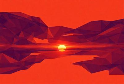 The primary subject of the image is a sunset, with the sun setting over a body of water. The setting is a body of water, possibly a lake, with a mountainous landscape in the background. The visual style of the image is a digital art or illustration, with a vibrant orange color palette that creates a warm and inviting atmosphere.