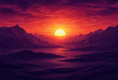 The primary subject of the image is a beautiful sunset over a mountain range. The sun is setting behind the mountains, casting a warm glow over the landscape. The setting/background features a mountain range with a body of water, possibly a lake, in the foreground. The visual style of the image is a digital art or illustration, with a vibrant color palette that captures the essence of the sunset and the majestic mountain range. The overall atmosphere of the image is serene and captivating, ev