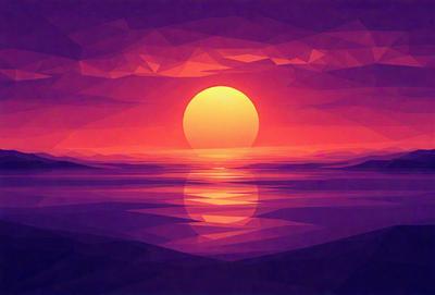 The primary subject of the image is a sunset, with the sun setting over a body of water. The setting is a beach, and the visual style is a digital art or illustration. The colors and mood of the image are warm and serene, with the sun's rays creating a beautiful reflection on the water.