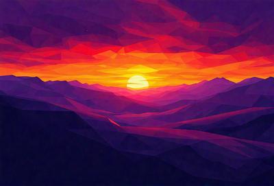 The primary subject of the image is a beautiful sunset, with the sun setting over a mountain range. The setting is a vast, open landscape with a mountain range in the background. The visual style of the image is a combination of digital art and illustration, creating a vibrant and colorful scene. The dominant colors in the image are purple, orange, and yellow, which contribute to the warm and inviting atmosphere of the sunset.