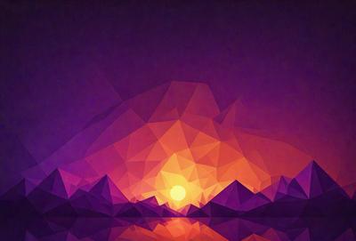 The primary subject of the image is a sunset, with the sun setting behind a mountain range. The setting is a purple sky, which adds to the overall mood of the scene. The visual style of the image is a combination of digital art and illustration, creating a unique and artistic representation of the sunset. The colors and mood of the image are dominated by the purple sky, which gives the scene a serene and calming atmosphere.