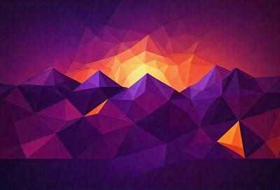 The primary subject of the image is a mountain range with a purple hue. The setting is a sunset, creating a warm and serene atmosphere. The visual style is a digital art or illustration, with a geometric pattern and a purple color scheme. The image evokes a sense of tranquility and beauty, as the sun sets behind the majestic mountains.