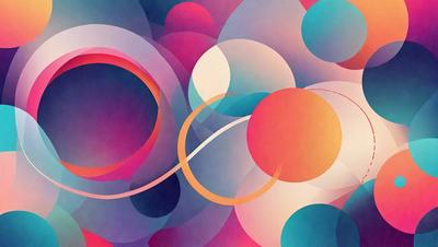 The primary subject of the image is a colorful, abstract artwork featuring a variety of shapes and colors. The setting is a colorful background, and the visual style is a combination of digital art and illustration. The dominant colors in the artwork are pink, blue, and orange, creating a vibrant and lively atmosphere.