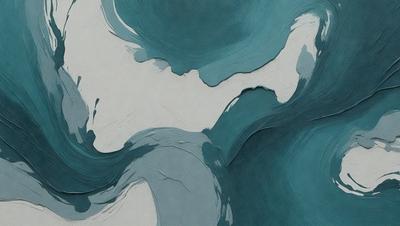 The primary subject of the image is a painting of a blue ocean with white waves. The setting is a canvas, and the visual style is a painting. The dominant colors are blue and white, creating a serene and calming atmosphere.