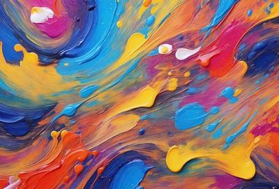 The primary subject of the image is a painting with a vibrant and colorful design. The painting features a mix of blue, yellow, and orange colors, creating a lively and energetic atmosphere. The setting is a canvas, and the visual style appears to be a combination of digital art and illustration. The colors and mood of the painting evoke a sense of creativity and artistic expression.