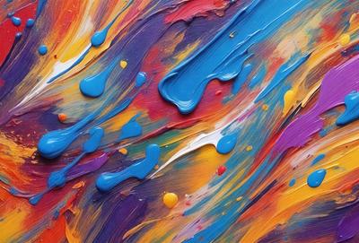 The primary subject of the image is a painting with a colorful and vibrant design. The painting features a mix of colors, including blue, purple, yellow, and orange. The setting is a canvas, and the visual style appears to be a combination of digital art and illustration. The colors and mood of the painting create a lively and energetic atmosphere.