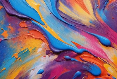 The primary subject of the image is a painting, which features a colorful and swirling design. The setting is a canvas, and the visual style appears to be a mix of digital art and illustration. The dominant colors in the painting are blue, yellow, and orange, creating a vibrant and lively atmosphere.