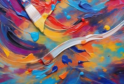 The primary subject of the image is a paintbrush, which is placed on a colorful, artistic background. The setting appears to be a painting or artwork, with a variety of colors and patterns. The visual style suggests that the image is a digital art or illustration, showcasing the creativity and skill of the artist. The dominant colors and overall atmosphere of the image are vibrant and lively, reflecting the energy and passion of the artwork.