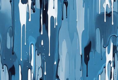 The primary subject of the image is a blue background with dripping paint, creating a visually striking and artistic scene. The setting is a wall with the dripping paint, and the visual style is a combination of digital art and illustration. The colors and mood of the image are predominantly blue, creating a calm and serene atmosphere.